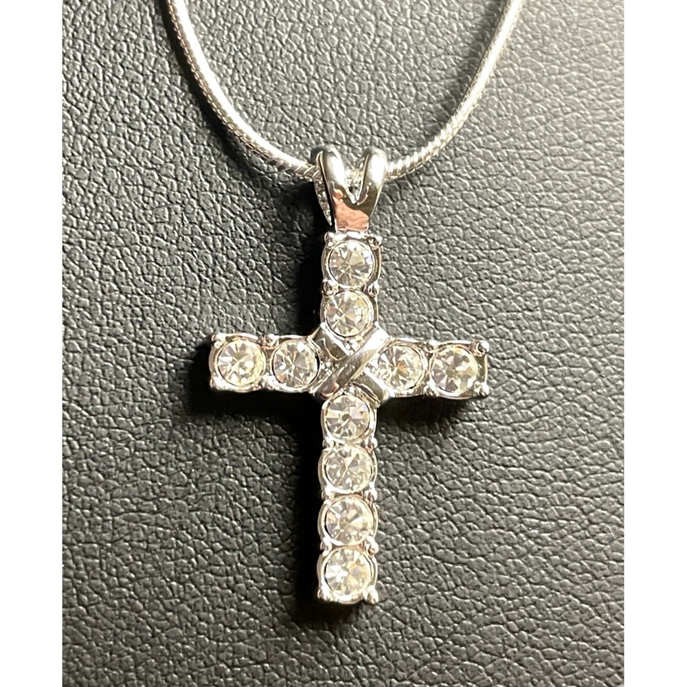 Rhinestone Cross Necklace Silver tone Costume Jewelry Faith Pendant Easter